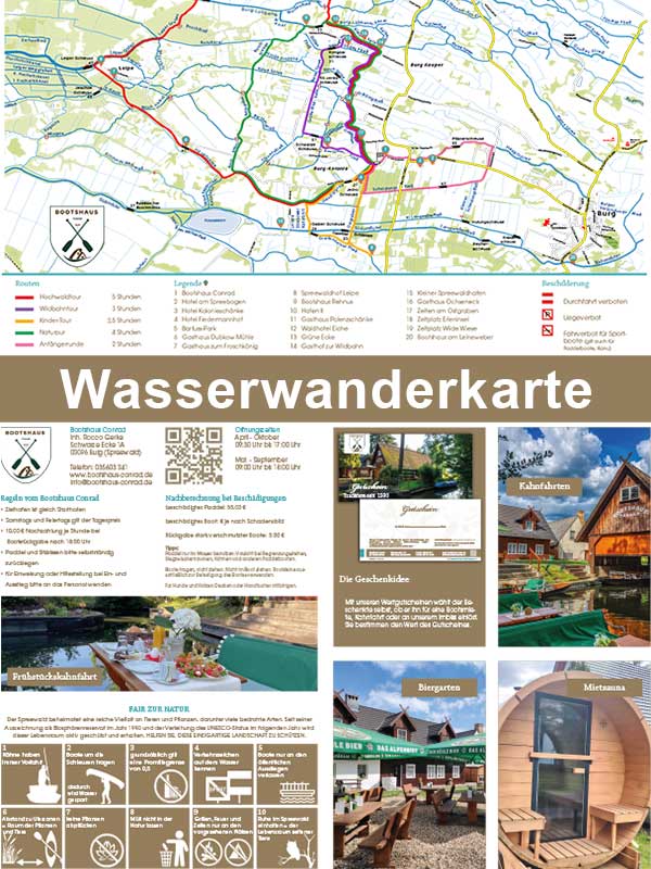 Wasserwanderkarte mit Tourenvorschlägen und Verhaltenstipps für das Bootshaus Conrad