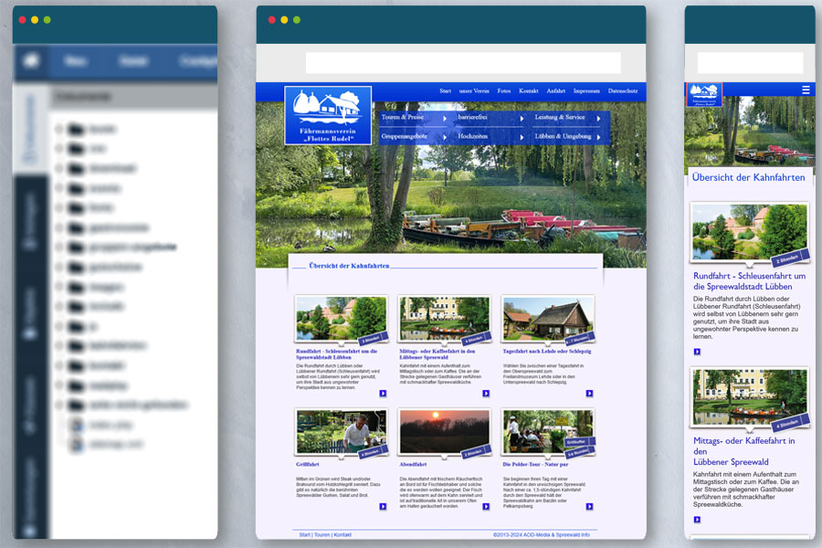 Ansicht CMS, Website Desktop, Website Mobil des Fährmannsvereins Flottes Rudel